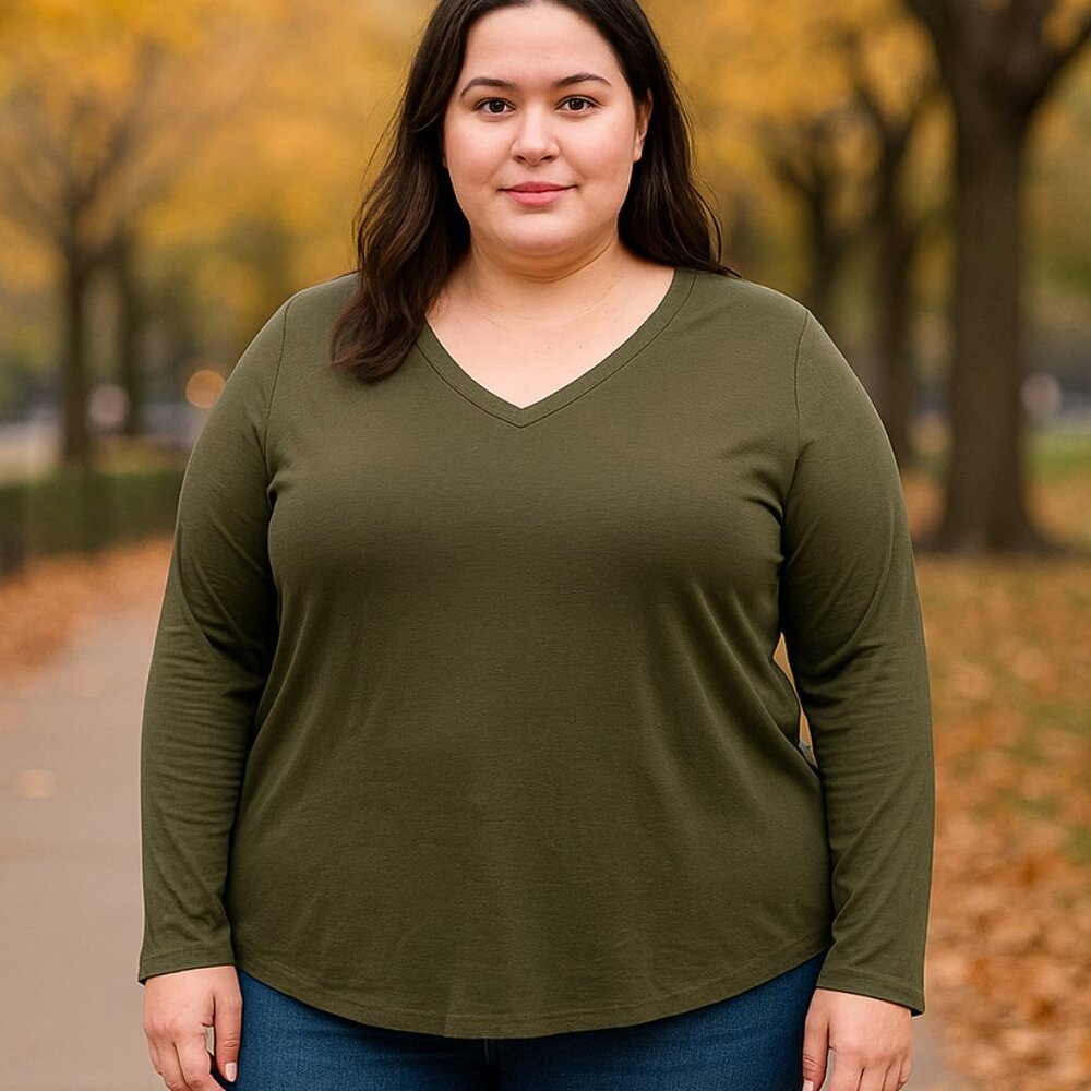 Zenana Premium Olive Green V-Neck‎ Long Sleeve Top – Size 2X